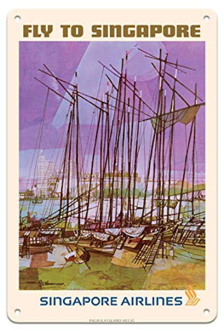 Pacifica Island Art Fly to Singapore - Singapore Airlines - Vintage Airline Travel Poster by Seah Kim Joo c.1960s - 8in x 12in Vintage Metal Tin Sign Pacifica Island Art Fly to Singapore - Singapore Airlines - Vintage Airline Travel Poster by Seah Kim Joo c.1960s - 8in x 12in Vintage Metal Tin Sign