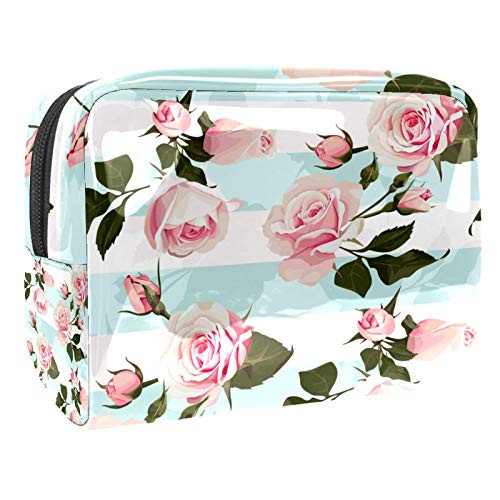 Makeup Bag Toiletry Bags Cosmetics Organizer Zipper Pouch for Women Pink Roses Mint Green Stripes Flowered Botany