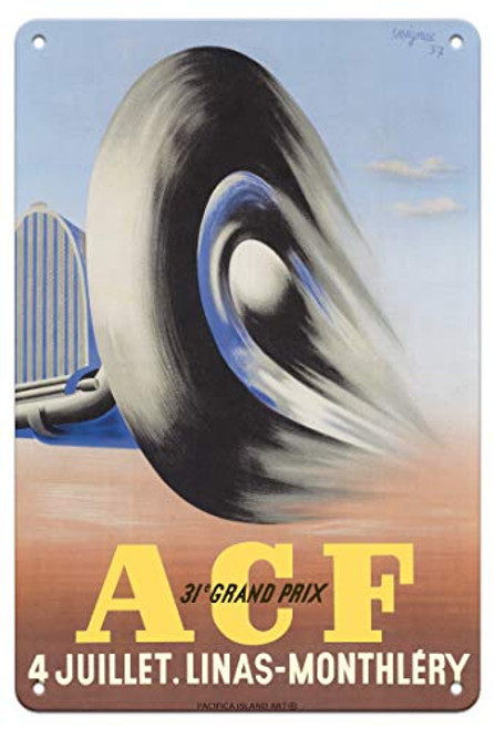 Pacifica Island Art 31st French Grand Prix - Linas-Montlhery, France - Vintage Car Racing Poster by Raymond Savignac c.1937-8in x 12in Vintage Metal Tin Sign