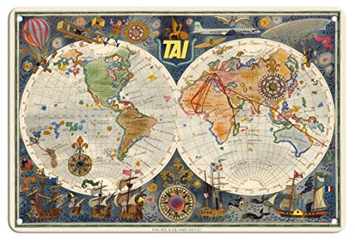 Pacifica Island Art Double Hemisphere Route Map - TAI Airline - Vintage Airline Travel Poster by Luc-Marie Bayle c.1948-8in x 12in Vintage Metal Tin Sign Pacifica Island Art Double Hemisphere Route Map - TAI Airline - Vintage Airline Travel Poster by Luc-Marie Bayle c.1948-8in x 12in Vintage Metal Tin Sign