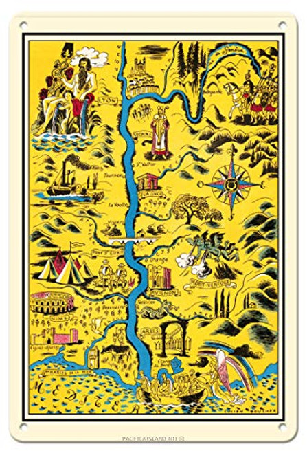 Pacifica Island Art St. Maries de la Mer -Saintes-Maries-de-la-Mer- - Southern France - Vintage Pictorial Map by Lucien Boucher c.1938-8in x 12in Vintage Metal Tin Sign