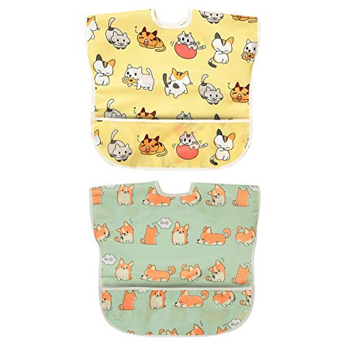Sleeveless Bib Waterproof Feeding Bibs Apron with Built-in Pocket Bag, Art Smock for Babies/Toddlers/Infants, Pack of 2 Colors