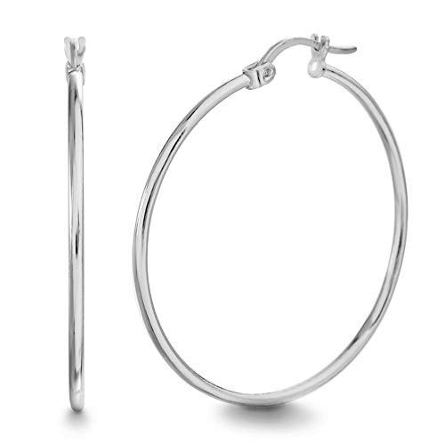 MIA SARINE Rhodium Plated Sterling Silver 35mm Thin Lightweight Hoop Earrings for Women - White -