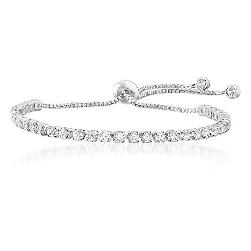 MIA SARINE 3mm Round Cubic Zirconia Adjustable Bolo Tennis Bracelet for Women in Rhodium Plated Brass - White -