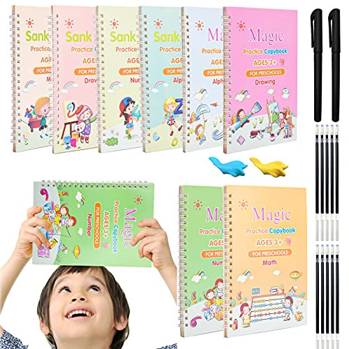 XINRUI Magic Pens  and  Refills for Reusable Magic Practice Copybook, Drawing Pen of Invisible Ink, Writing Training Aid Pencil Grip, Reusable Calligraphy Tracing Copy Book Material for Kindergarten Kids