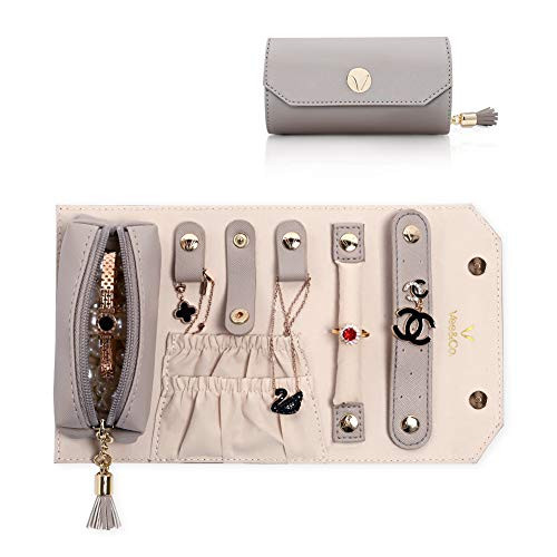 Vee Travel Jewelry Organizer Jewelry Box, Jewelry Roll, Travel Accessory Storage Box for Rings Earrings Necklaces -Grey- Vee Travel Jewelry Organizer Jewelry Box, Jewelry Roll, Travel Accessory Storage Box for Rings Earrings Necklaces -Grey-