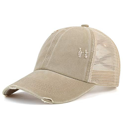 Womens Criss Cross Ponytail Baseball Cap Distressed Messy High Bun Ponycap Vintage Unconstructed Dad Hat