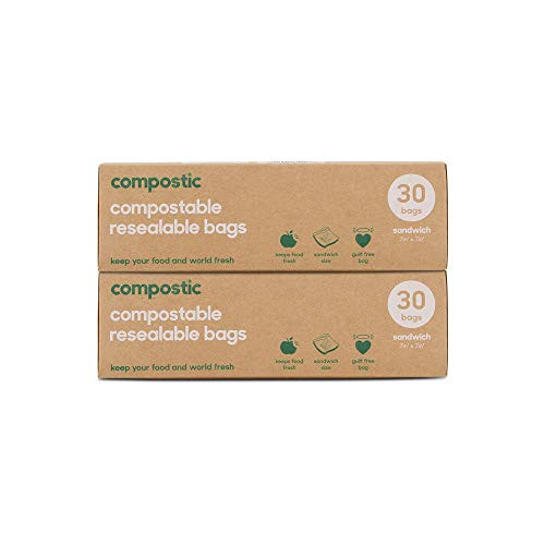 Compostic Home Compostable Resealable Sandwich Bags - Eco Friendly, Reusable, Zero Waste, Non-toxic, Guilt-Free - Plastic Alternative for Earth Friendly Food Storage - -7"x7"- 30 Bags -2 Pack-