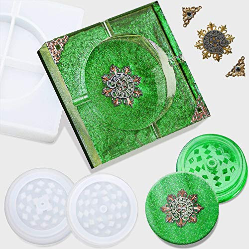Ashtray Resin Mold Silicone with Herb Grinder Mold, Square Ashtray Resin Mold Jewelry Storage Box Mold and Spice Grinder Molds for Resin Casting, Large Epoxy Mold for DIY Crafts