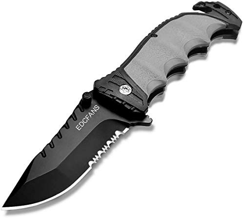 edcfans Tactical Folding Pocket Knife- Glass Breaker, Seatbelt Cutter, Serrated Blade, Pocket Clip, Flipper Open, Locking Liner and Sheath, EDC Survival Knives Cool for Men Outdoor Camping Hunting