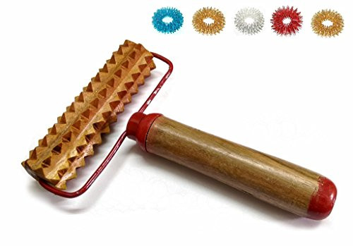 ACS/ACM Acupressure Pyramidal Energy Mega Wooden Hand Roller Body Massager with Handle  plus 5pcs Sujok Finger Rings Mega Wooden Roller - L X B X W  18 X 14 X 4Cm Wooden Roller