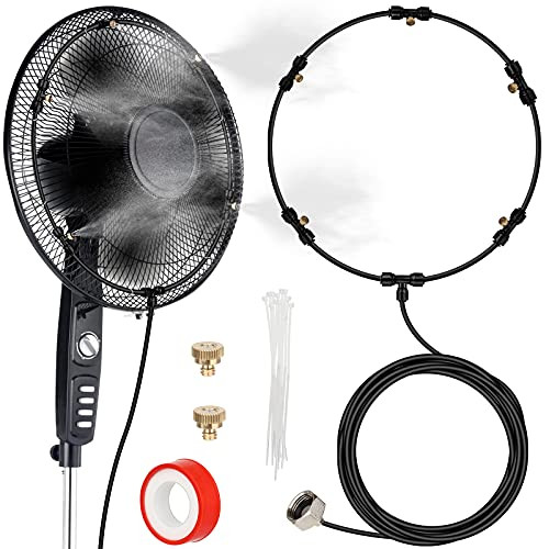 Fan Misting Kit, Outdoor Fan Misting Cooling System with 19.36FT -5.9M- Misting Line  plus 5 Brass Mist Nozzles  plus a Brass Adapter-3/4"- for Cooling Patio Garden Greenhouse Breeze, Connect to Any Outdoor Fan