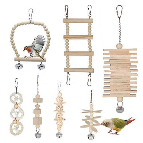 ZYP 7 Packs Bird Parrot Chewing Swing Toys, Natural Log Parrot Hammock Hanging Bell Climbing Cage Toys for Parakeets, Cockatiels, Conures, Finches, Budgie, Macaws