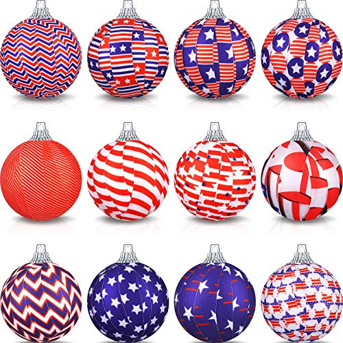 12 Pieces American Independence Day Hanging Balls USA Patriotic Ball Ornaments Fabric Wrapped Ornaments 4th of July Ball Decorations for Memorial Day Veterans Day Party Festival, 1.96 Inches