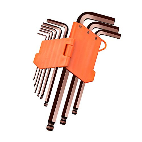 Hex Key Allen Ball End Wrench Set, Long Arm 9pcs L-Shaped Hex Allen Key Wrench Sets L2 Steel Sizes 1.5, 2, 2.5, 3, 4, 5, 6, 8, 10mm
