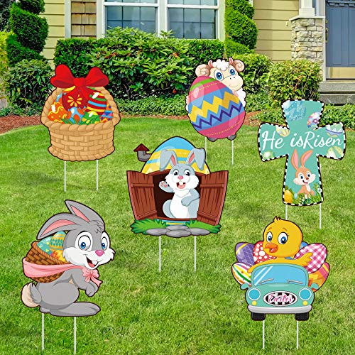 Jetec 6 Pieces Easter Yard Signs Easter Lawn Yard Stake Signs Chick and Egg Easter Lawn Decorative Signs for Easter Outdoor Garden Yard Party Decoration Supplies Props
