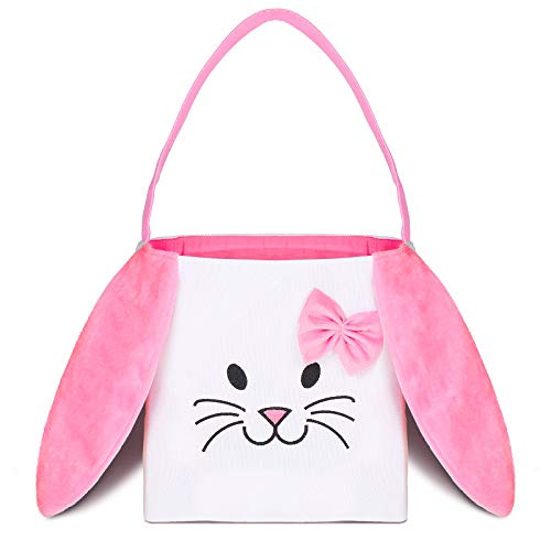 Easter Bunny Basket, Boys Girls Easter Rabbit Bucket Bag with Fluffy Ears Bunny Eggs Hunting Storage Tote Bag with Handle for Boys Girls Carrying Present, Egg Hunts Easter Theme Party Supplies -Pink-