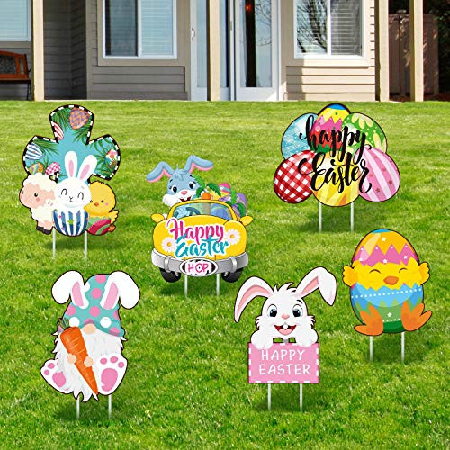 Jetec 6 Pieces Easter Yard Signs Outdoor Lawn Decorations Egg Chick Yard Stake Sign Easter Outdoor Decorative Stake Signs for Easter Garden Yard Party Supplies Props