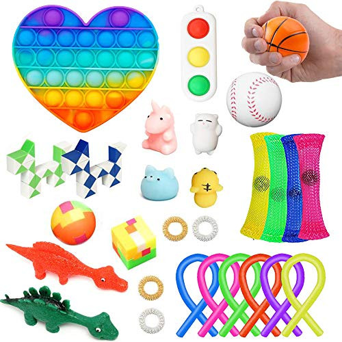 28 Pcs Fidget Sensory Toys Set Relieves Stress Anxiety Sensory Fidget Pack for Kids  and  Adults, Fidget Toy Set with Pop Bubble, Simple Dimple Fidget Toy, Squishy Toys, Squeeze Balls  and  More