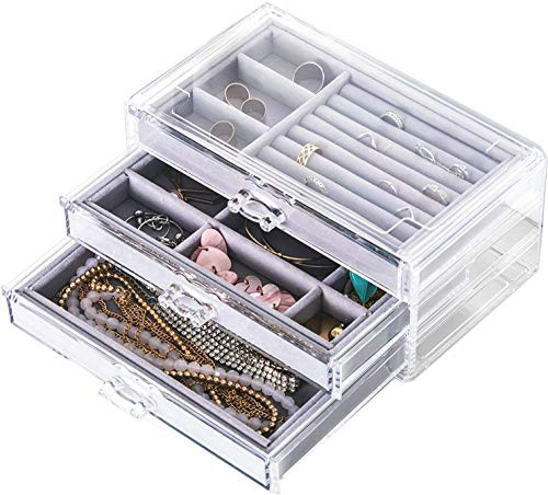 Acrylic Jewelry Box with 4 Drawers, Velvet Jewelry Organizer for Earring Necklace Ring and Bracelet, Clear Jewelry Display Storage Case for Woman, Gray By Cq acrylic Acrylic Jewelry Box with 4 Drawers, Velvet Jewelry Organizer for Earring Necklace Ring and Bracelet, Clear Jewelry Display Storage Case for Woman, Gray By Cq acrylic