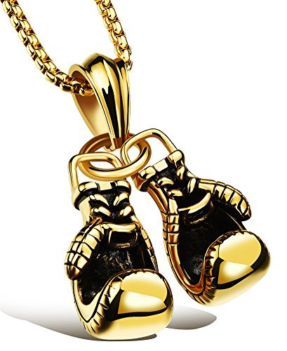 Hamoery Men Punk Stainless Steel Golden Boxing Gloves Chain Pendant Necklace-Golden-
