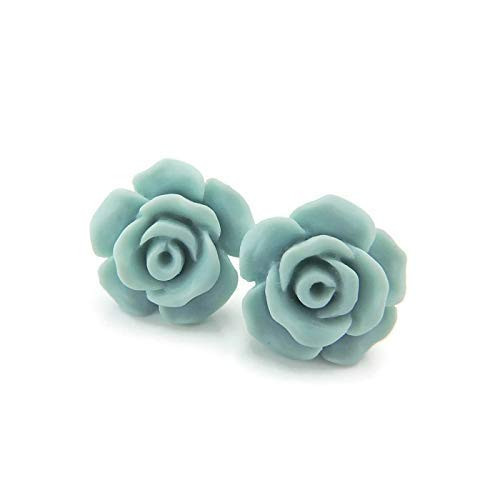 Plastic Post Rose Stud Earrings for Metal Sensitive Ears, 13mm -Matte Aqua-