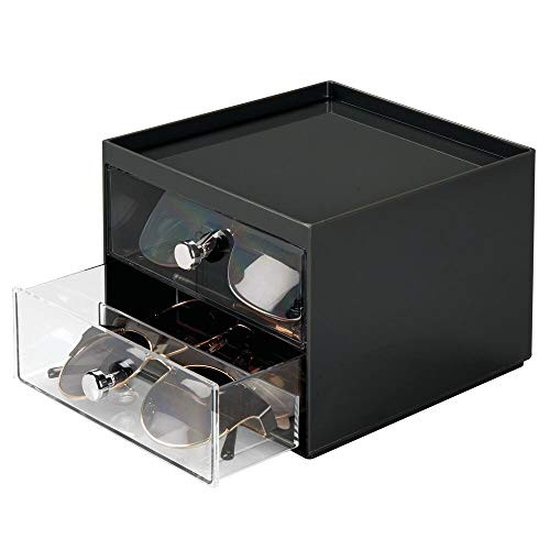 mDesign Stackable Plastic Eye Glass Storage Organizer Box Holder for Sunglasses, Reading Glasses, Accessories - 2 Divided Drawers, Chrome Pulls - Black/Clear