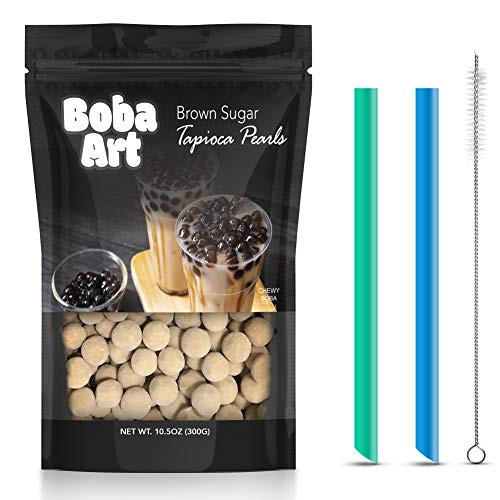 Brown Sugar Boba Pearls - Tapioca Pearls for Bubble Tea Kit - Comes With Reusable Straws - Ready in 20 Minutes Made in Taiwan 10.5oz