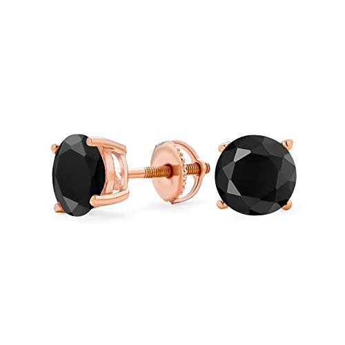 1CT Black Round Solitaire Cubic Zirconia Stud Earrings For Women Mens AAA CZ Screw Back Rose Gold Plated .925 Sterling Silver 6MM