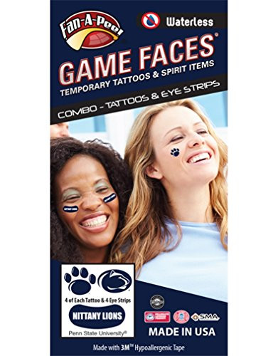 Penn State -PSU- Nittany Lions  Waterless Peel  and  Stick Temporary Tattoos  12-Piece Combo  Eye Strips