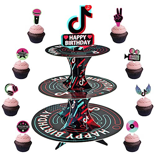 Tik Tok Happy Birthday Cupcake Stand and Tik Tok Cake Toppers 24 Pcs,Tik Tok Party Decorations