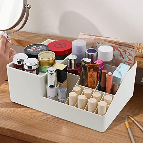 HOMOKUS Cosmetic Storage Box, Vanity Box for Cosmetics, - Large Capacity with 15 Compartment, Makeup Organizer for Storage  and  Display - White