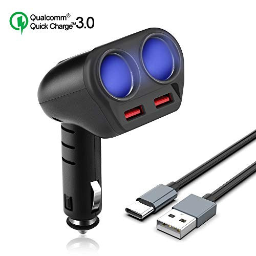 Rocketek Cigarette Lighter Splitter Quick Charge 3.0 Dual USB Rapid Car Charger with Type C Cable 3.3ft, 12V/24V 90W DC Outlet 2-Socket Car Outlet Splitter Adapter DC Splitter for phone GPS Dash Cam