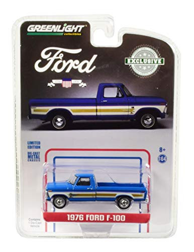 M&J 1976 Ford F-100 Pickup Truck Bicentennial Option Group Bahama Blue Hobby Exclusive 1/64 Diecast Model Car by Greenlight 29966