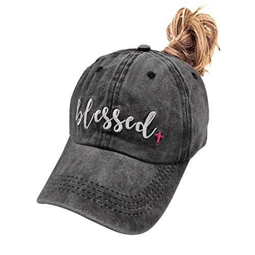 Waldeal Women's Blessed Ponytail Baseball Cap Vintage Embroidered Washed Dad Hat Black