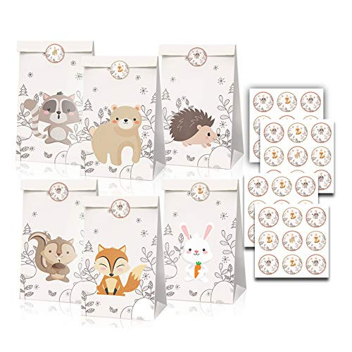 Woodland Animals Goodie Bags-24pcs Kraft Paper Animals Candy Bags Treat Gift Bags with Stickers for Kids Woodland Animals Theme Baby Shower Birthday Party Supplies, 6 Styles Woodland Animals Bags