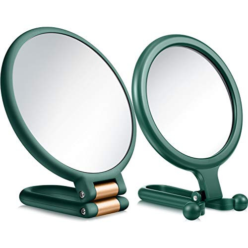 WILLBOND 2 Pieces 15x Magnifying Handheld Mirror and 10x Travel Makeup Mirror, Folding Double Sided Pedestal Mirror Hand Mirror with 1/ 15x 1/ 10x Magnification -Green-
