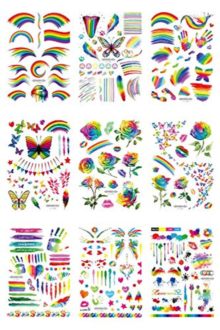 9 sheets Pride Day Rainbow Temporary Tattoo, Butterfly Rainbow Flower Face Body Waterproof Tattoo Stickers for Pride Equality Parades Celebrations 9 sheets Pride Day Rainbow Temporary Tattoo, Butterfly Rainbow Flower Face Body Waterproof Tattoo Stickers for Pride Equality Parades Celebrations