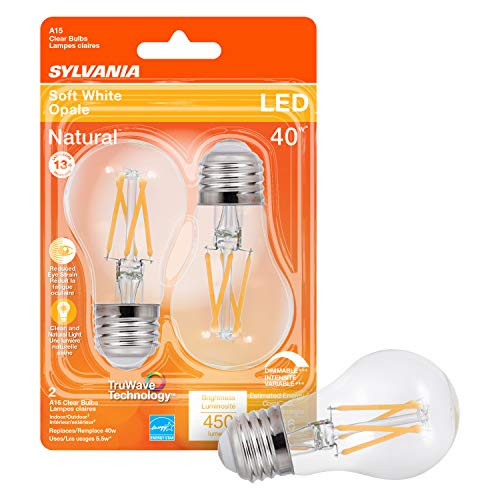 Sylvania LED TruWave Natural Series Decor A15 Light Bulb, 40W Equivalent Efficient 5.5W, Medium Base Dimmable Clear 2700K Soft White, 2 Pack