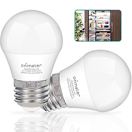 LED Refrigerator Light Bulb 6W, Comzler A15 Waterproof Fridge Appliance Light Bulb with E26 Base 5000K Daylight, Freezer Bulb Ceiling Fan Light Bulb 60 Watt Equivalent 120V, Non-Dimmable -2 Pack-