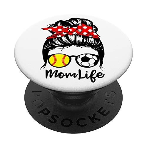 Mom Life Messy Bun Hair Funny Softball Soccer Mom PopSockets PopGrip- Swappable Grip for Phones  and  Tablets