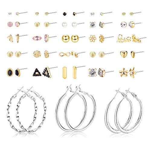 YADOCA 28 Pairs Assorted Multiple Stud Earrings for Women Cute Large Hoop Earrings Flower Heart Ball Geometric Faux Pearl CZ Earrings Set