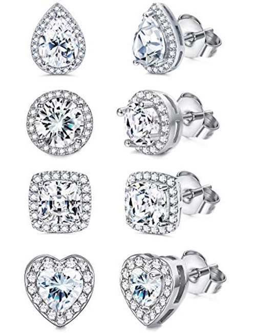 XCOIN 4 Pairs 18K White Gold Plated Cubic Zirconia Stud Earrings Round Square CZ Simulated Diamond Halo Stud Earrings for Women XCOIN 4 Pairs 18K White Gold Plated Cubic Zirconia Stud Earrings Round Square CZ Simulated Diamond Halo Stud Earrings for Women