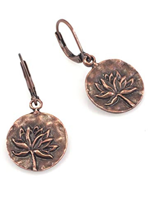 Antiqued Copper Lotus Lever Back Earrings