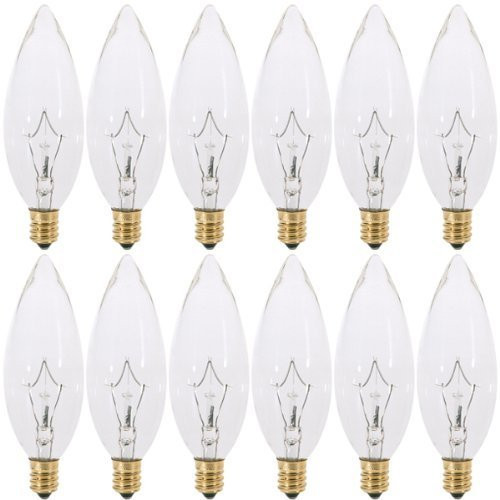 (Pack of 12) 40 Watt CTC Chandelier Bulbs Clear Straight Torpedo Tip Shaped Incandescent Light Bulbs, Candelabra E12 Base Lamps