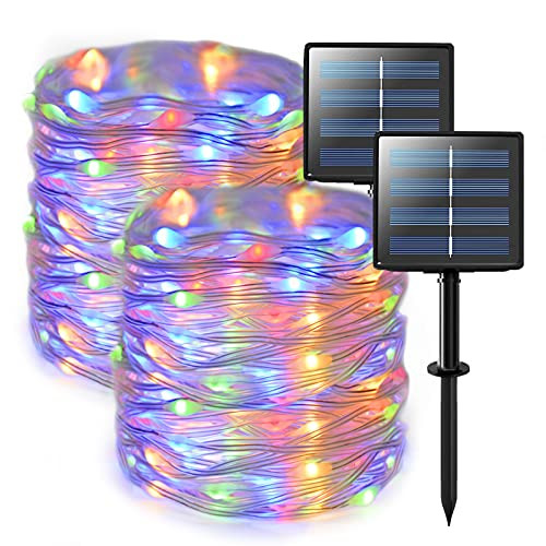 JMEXSUSS Upgraded Solar Copper Wire String Lights Outdoor Waterproof 2 Pack 33ft 100 LED Solar Fairy Light 8 Modes Clear PVC Wire Solar Twinkle Lights