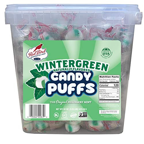 Red Bird Soft Wintergreen Candy Puffs 52 oz Tub w/Handle, Individually Wrapped, Gluten Free, Kosher, Free from Top 8 Allergens, Made with 100 percent Pure Cane Sugar