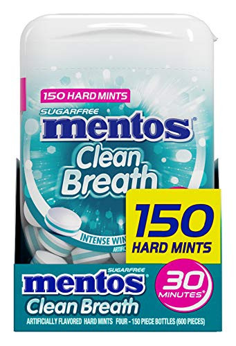 Mentos Clean Breath Sugarfree Hard Mint, 150pc, Intense Wintergreen -Pack of 4 Bottles-