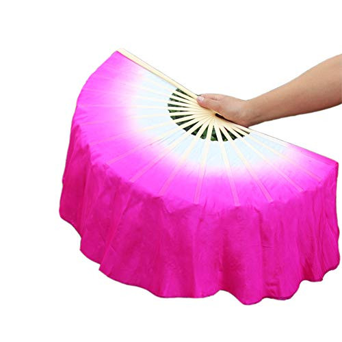 Nimiman Women Real Silk 1 Pair 40cm-15.7"- Colorful Belly Dancing Silk Bamboo Veils Dance Short Fan Veil Gradient Color -White Rose-