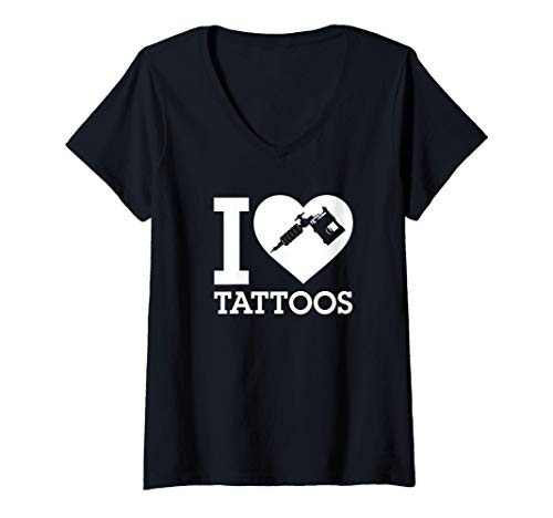 Womens I Love Tattoos Heart Ink Tattoo Gun Artist Gift V-Neck T-Shirt
